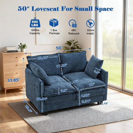 Loveseat Sofa Cloud Sofa Couch 50'', Modern Loveseats 2 Seat Couch 27" Deep Seat with 2 Pillows for Small Spaces Apartment Studio Office Bedroom Living Room 8834-BLUE