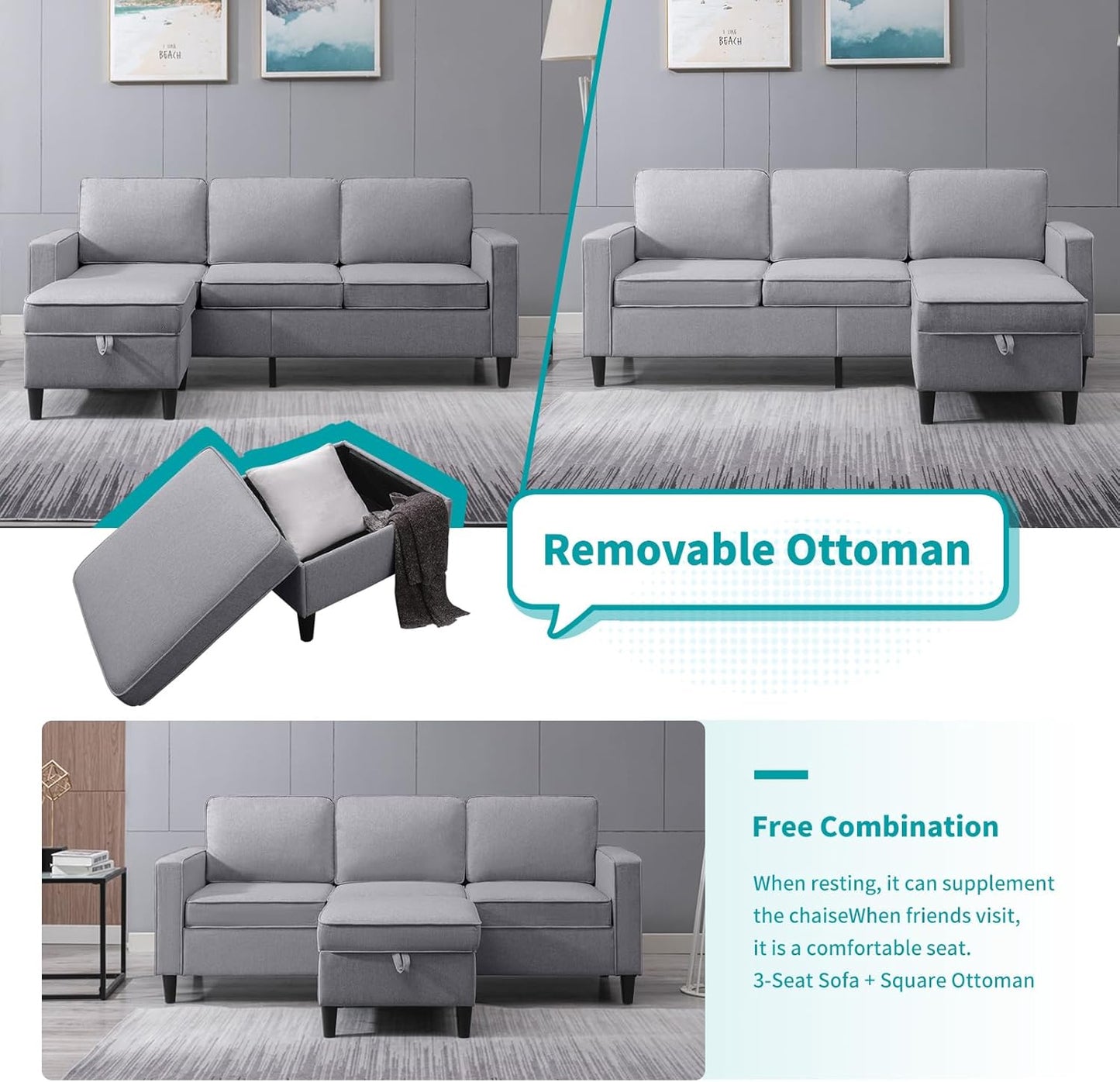 78" 4 Piece Living Room Sofa Set, 3 Seater Sofa with Storage Ottoman and Loveseat and Armchair Furniture Set, Modern Linen L Shaped Sectional Couch for Living Room Apartment (Light Grey)