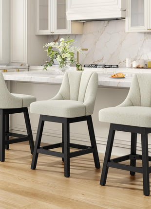 Set of 2 Modern Fabric Upholstered Swivel Bar Stools, 26" Counter Height Chairs with Back and Solid Wood Legs for Home Bar and Dining Room, Linen