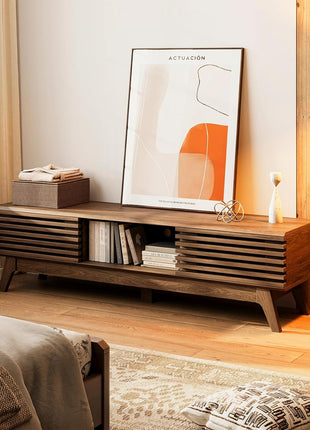 59-Inch Mid-Century Modern TV Stand for 55"-65" TVs with Sliding Doors and Storage Cabinets in Walnut Finish