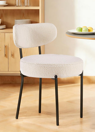 Set of 4 Mid-Century Modern Dining Chairs Featuring Upholstered Curved Backrests and Black Metal Legs in Light Beige