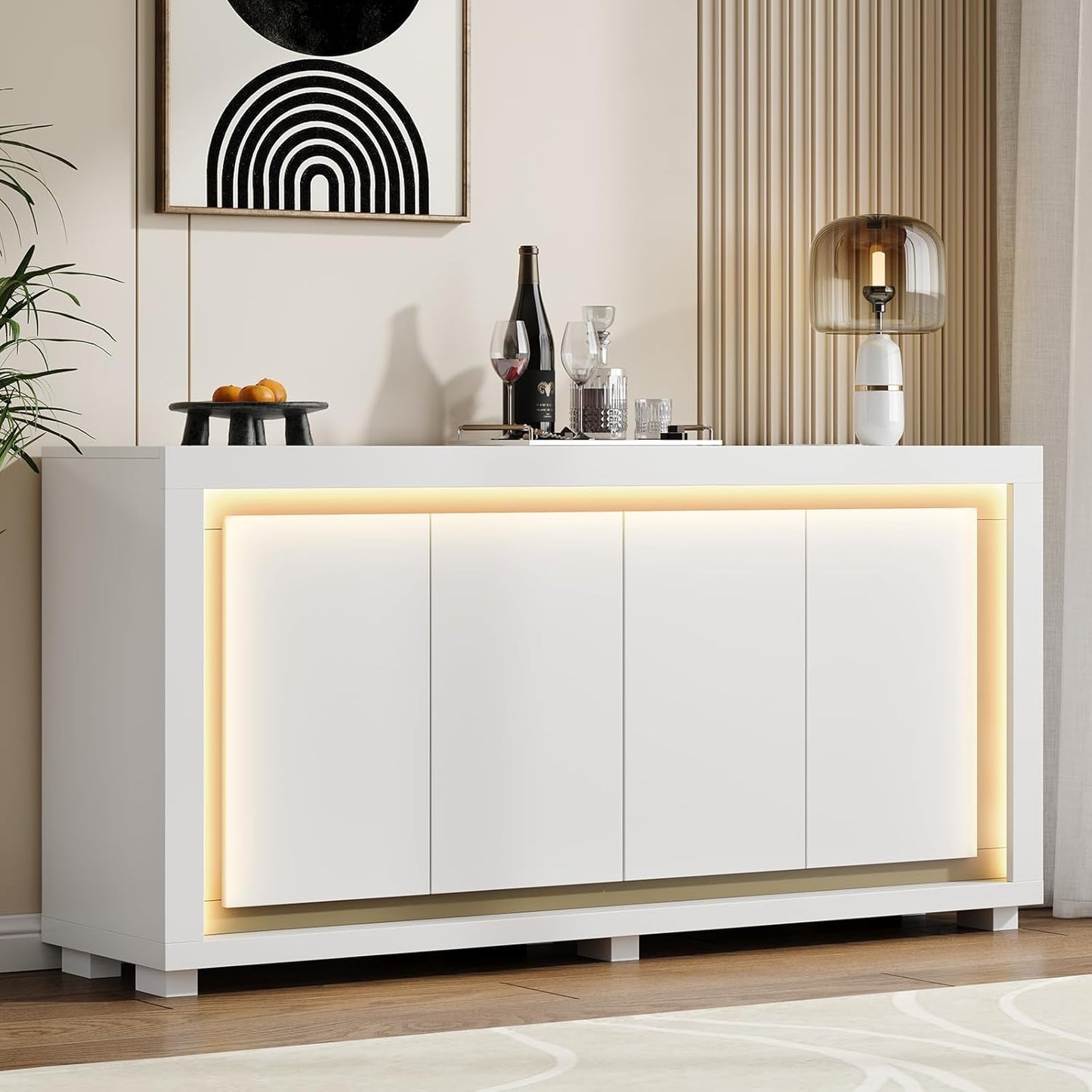 63"Sideboard Buffet Cabinet,Kitchen Buffet Storage Cabinet with Power Outlets & LED Light, Modern Storage Cabinet with 4 Doors,Coffee Bar Console Wine Bar for Living Room,Kitchen,Hallway (White)