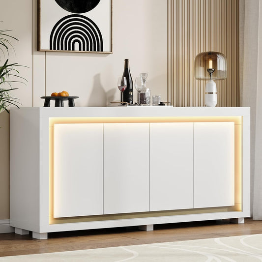63"Sideboard Buffet Cabinet,Kitchen Buffet Storage Cabinet with Power Outlets & LED Light, Modern Storage Cabinet with 4 Doors,Coffee Bar Console Wine Bar for Living Room,Kitchen,Hallway (White)