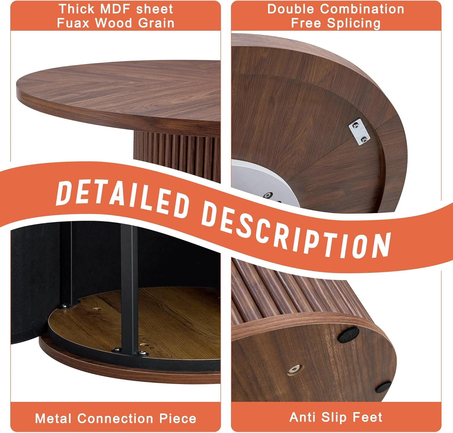 round Dining Table Set for 4, Wooden round Table 5-Piece with Modern Farmhouse Dining Table and 4 Suede Leather Chairs for Kitchen Dining Room, Walnut Table + 4 Brown Chairs