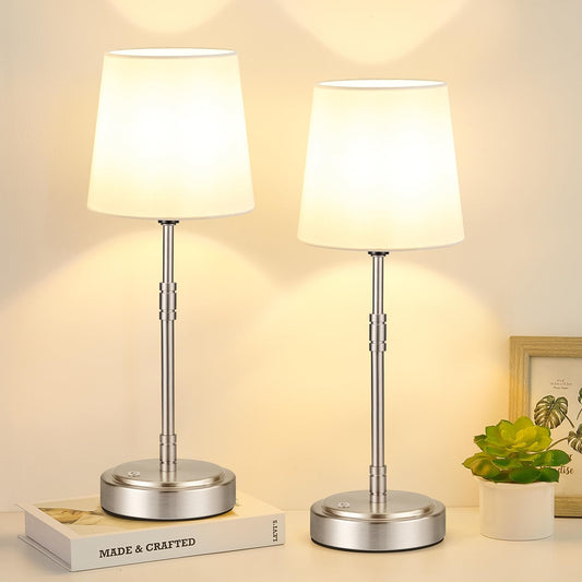 Cordless Table Lamps Set of 2 – Battery Operated Lamp with 7500Mah Rechargeable Battery, Stepless Dimmable Vintage Brushed Nickel Touch Desk Lamps for Dining Room, Nightstand & Patio (Bulbs Included)