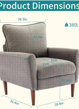 Upholstered Mid-Century Accent Chair for Living Room, Bedroom, and Waiting Areas with Pillow and Solid Wood Legs, Modern Wide Single Lounge Sofa (Gray)