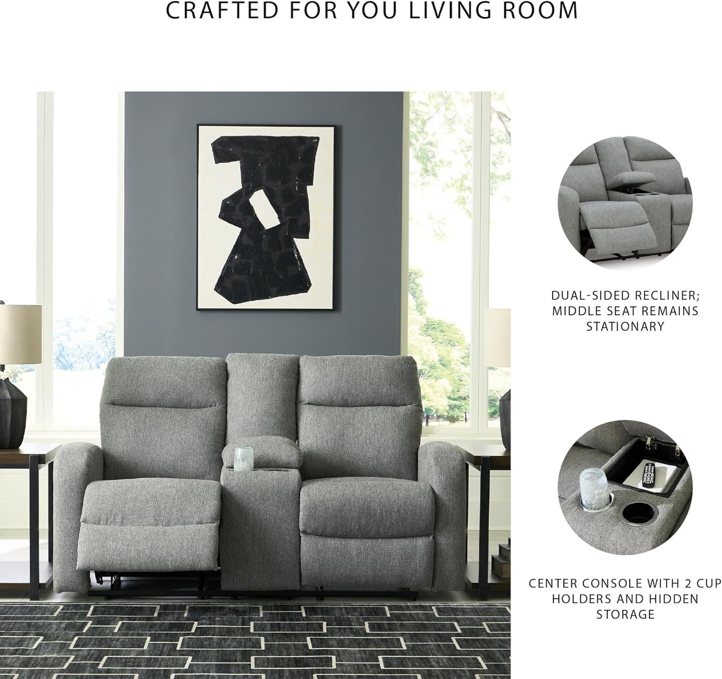 Carrigan Lane Classic Manual Pull Tab Dual Sided Reclining Loveseat with Console and Storage, Gray