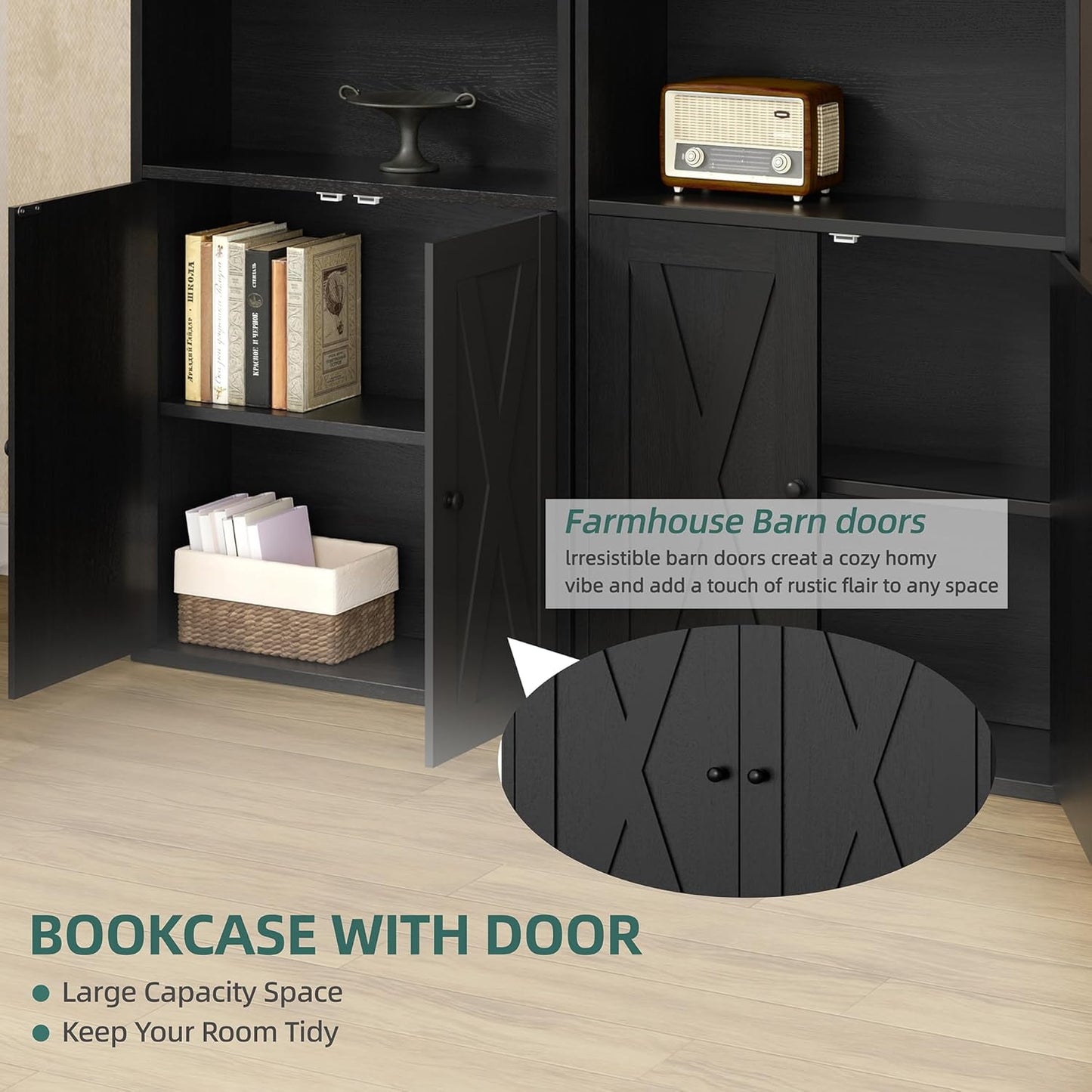 Bookshelf, Industrial Bookshelves and Bookcases with Doors Floor Standing 6 Shelf Display Storage Shelves 70.9 Inches Tall Bookcase for Home Office, Living Room (Black)