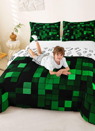Pixelated Miners Full Size Comforter Set for Kids, Geometric Check Video Game Bedding, Gamepad Camo Grid Quilt with 2 Pillowcases, Black and Green Bedroom Decor