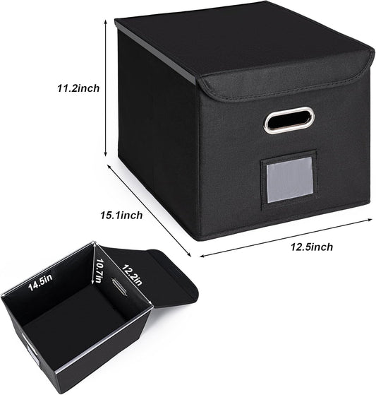 File Organizer Box with Lid, Large Hanging File Folder Organizer with Plastic Slide, Collapsible Portable Filing Storage Boxes for Office/Decor/Home (Black, 14.9 X 12.59 X 10.8 Inch)