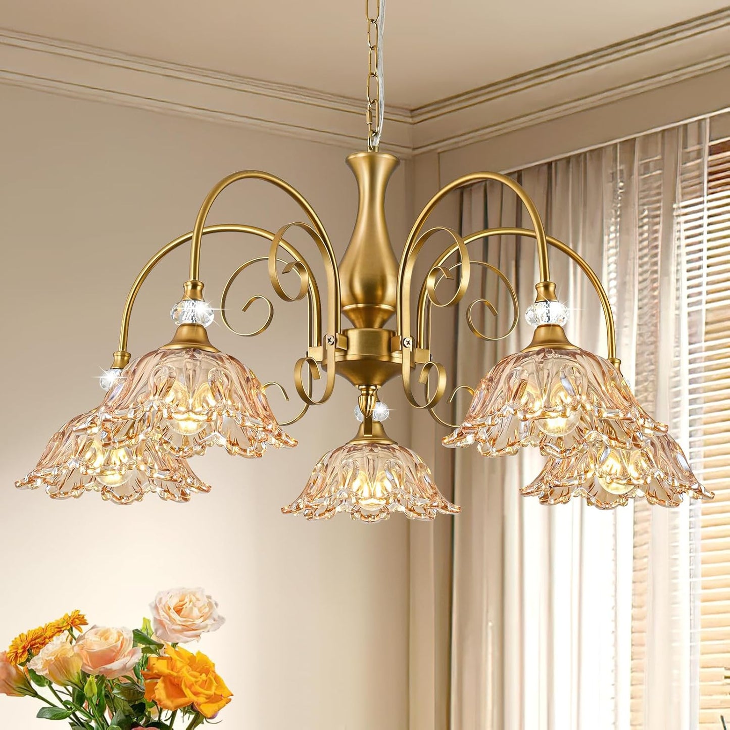 5-Light Vintage Chandeliers in Matte Brass Finish with Amber Glass Shades, Retro Chandelier Light for Dining Room,Hallway,Kitchen