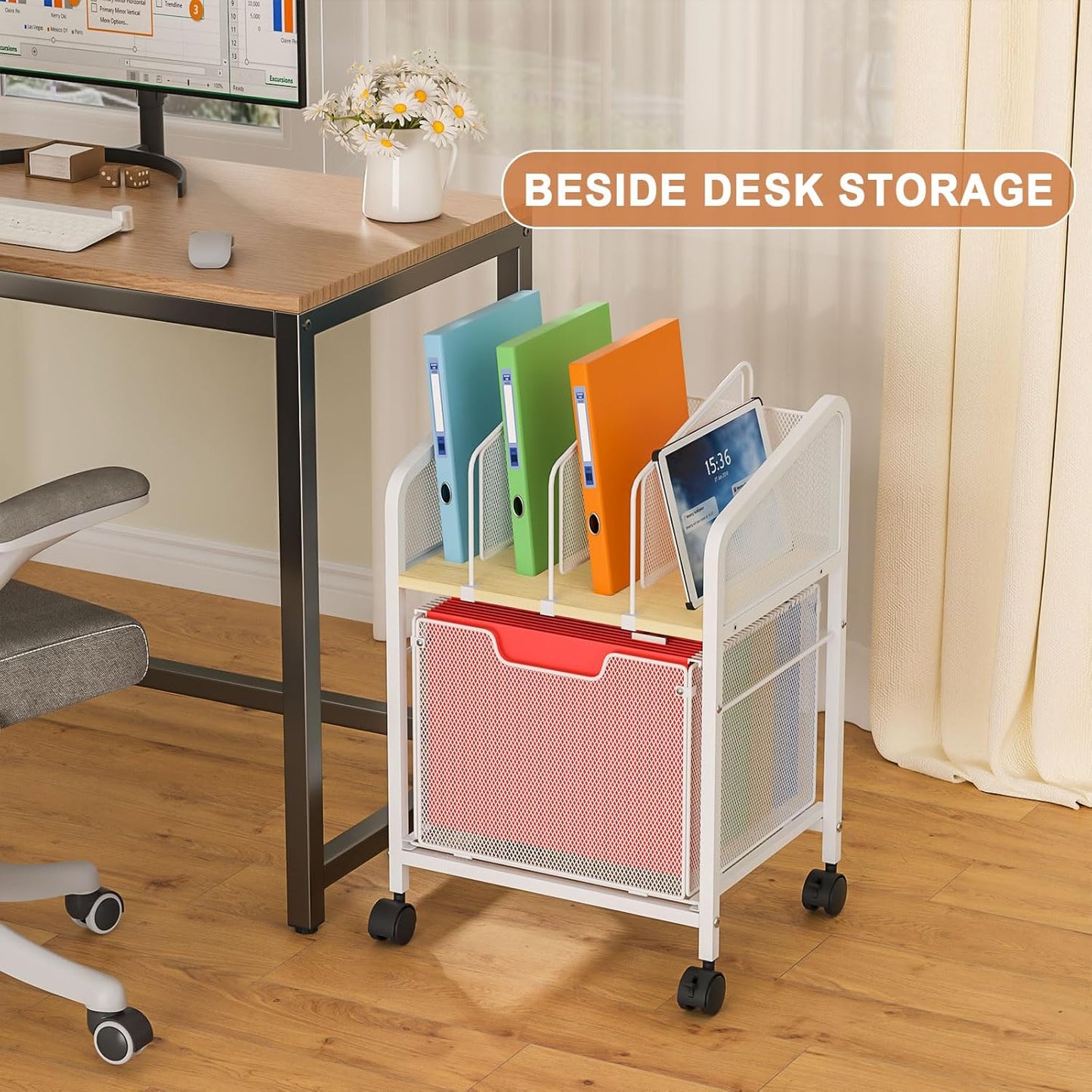 Rolling File Cabinet with Adjustable Dividers, Mobile Filing Cabinet with Storage Drawer on Lockable Wheels, Hanging File Organizer beside under Desk for Office, Home, White（Patent Pending）