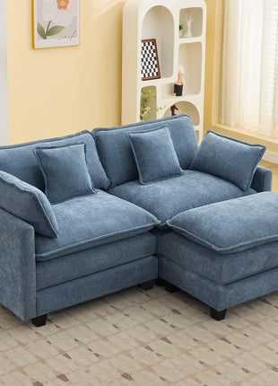 76-Inch Cloud Deep Seat Upholstered Chenille Modular Loveseat Sofa with Movable Ottoman, Modern 3-Seat Sectional Couch for Living Room and Small Apartments, Blue