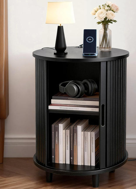 Round End Table with Storage and Charging Station, Fluted Accent Side Table with Sliding Door and Adjustable Shelf, Mid-Century Nightstand for Small Spaces, Black