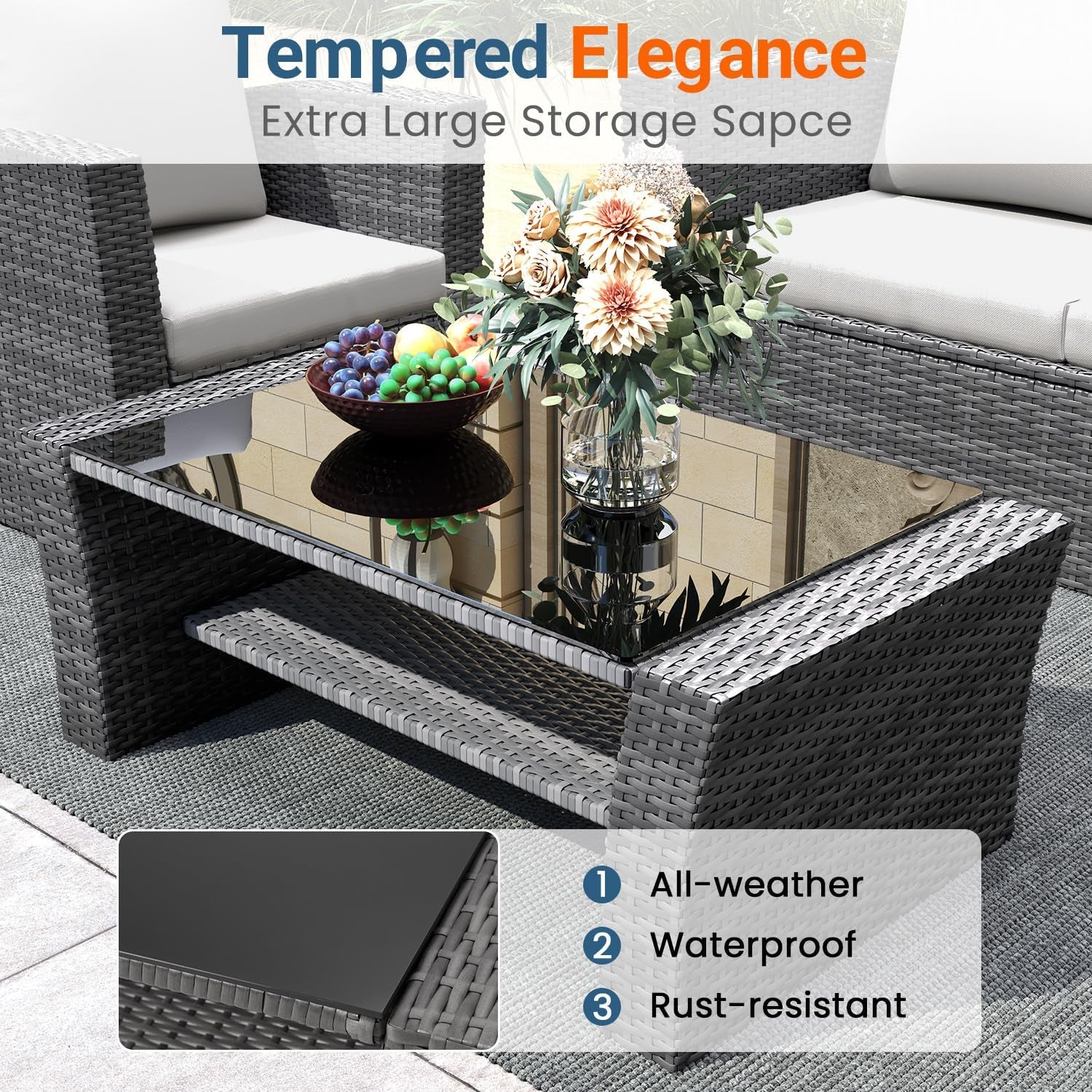 4 Piece Patio Furniture Set, Wicker Outdoor Patio Conversation Furniture Set, All Weather Outdoor Patio Sofa with Cushion and Glass Table, Ash Gray