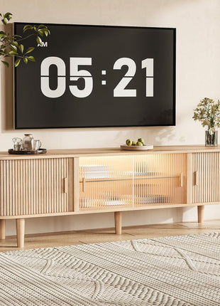 70-Inch Mid-Century Modern TV Stand with LED Lighting for TVs up to 75 Inches, Featuring Sliding Doors and Glass Shelf, Natural Oak Media Console for Living Room