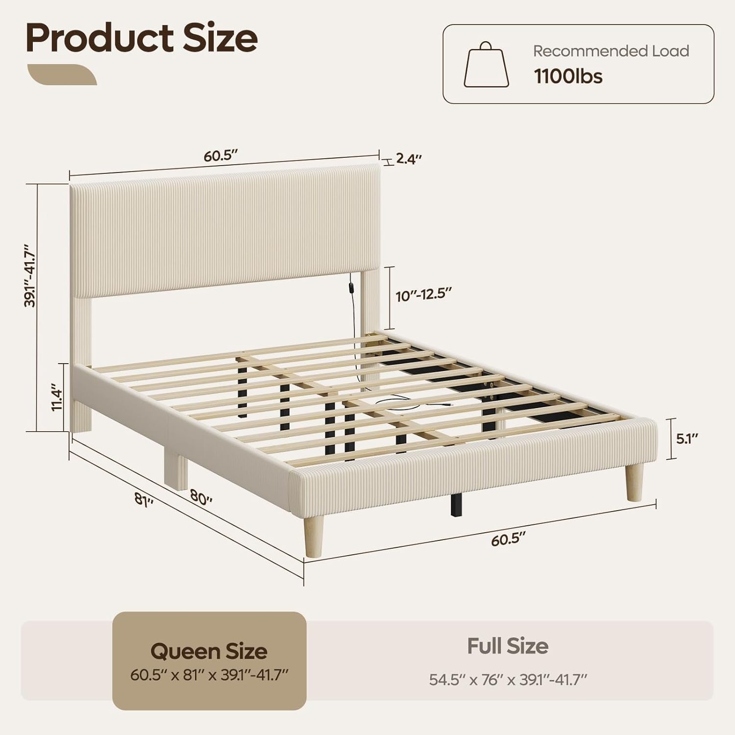 Bed Frame Queen Size with Headboard,Platform Bed Frame Upholstered with LED Lighting,Solid Wooden Bed Frame Slats Support,No Box Spring Needed, Never Squeaks, Easy Assembly,Beige