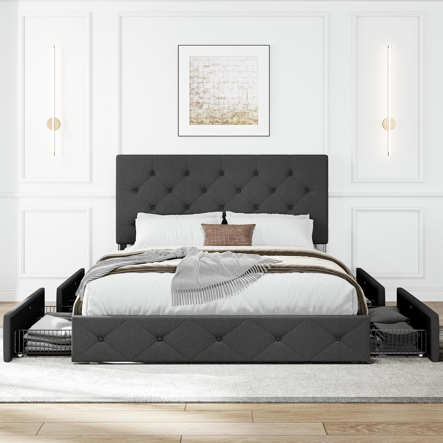 Upholstered Queen Size Platform Bed Frame with 4 Storage Drawers, Adjustable Headboard with Diamond Stitched Button Tufted Design, Wooden Slat Support, No Box Spring Needed, Dark Grey