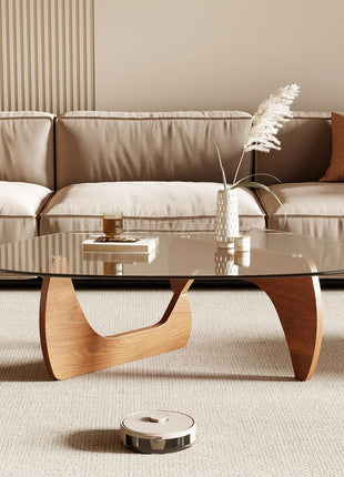 Contemporary Triangle Coffee Table with Tempered Glass Top and Natural Wood Finish, 42.5" x 28.5" x 16.1" for Living Room