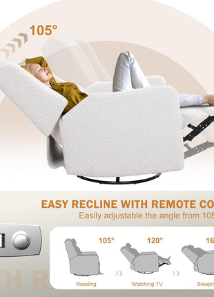 Professional Power Recliner Chair with Swivel Glider Functionality, Large Boucle Upholstered Rocker Recliner with USB Charging Port for Nursery, Bedroom, and Living Room, Cream