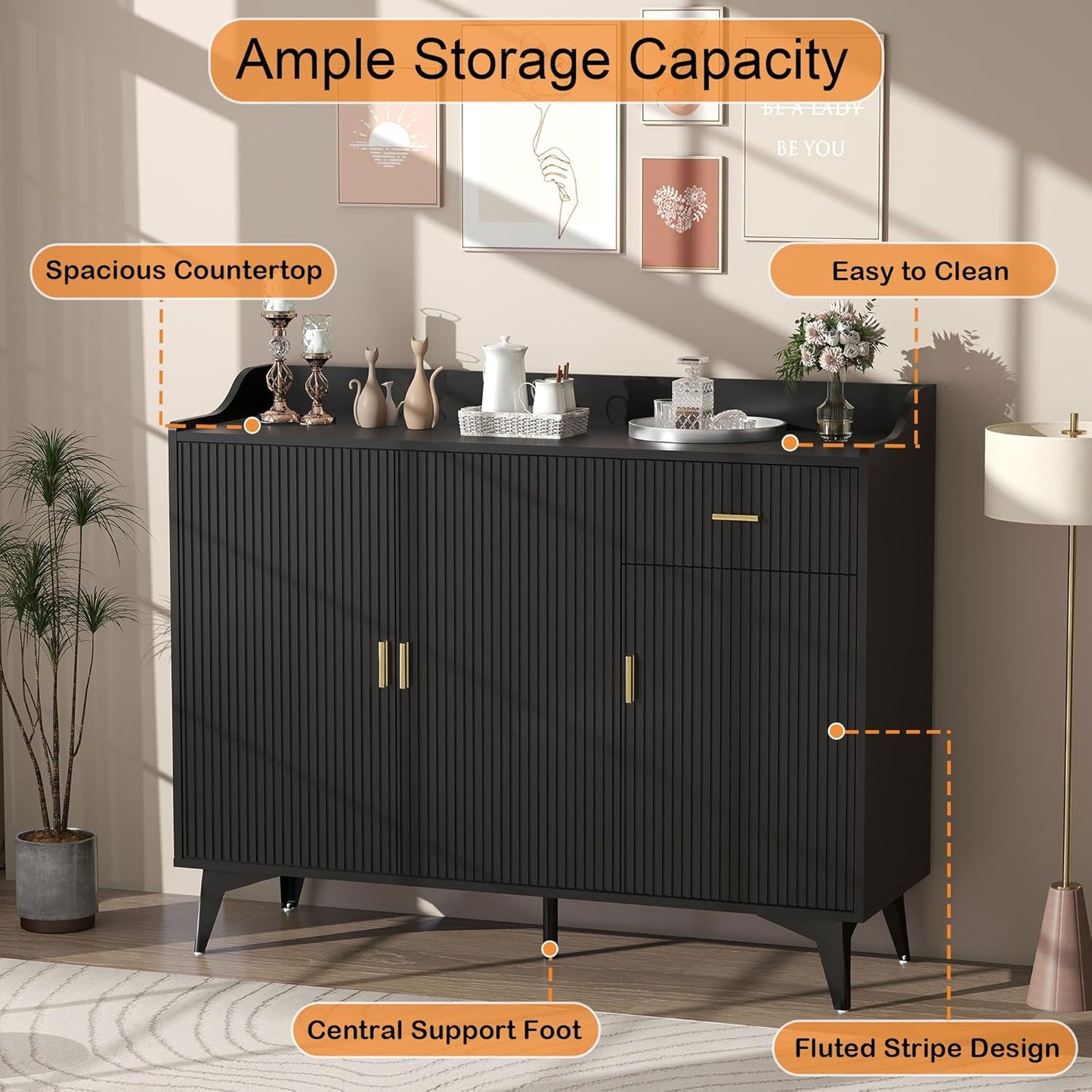 Sideboard Buffet Cabinet with Drawers: 47" Black Fluted Sideboard Cabinet with Storage, Modern Dining Room Cabinets Storage, Credenzas for Living Room(47")