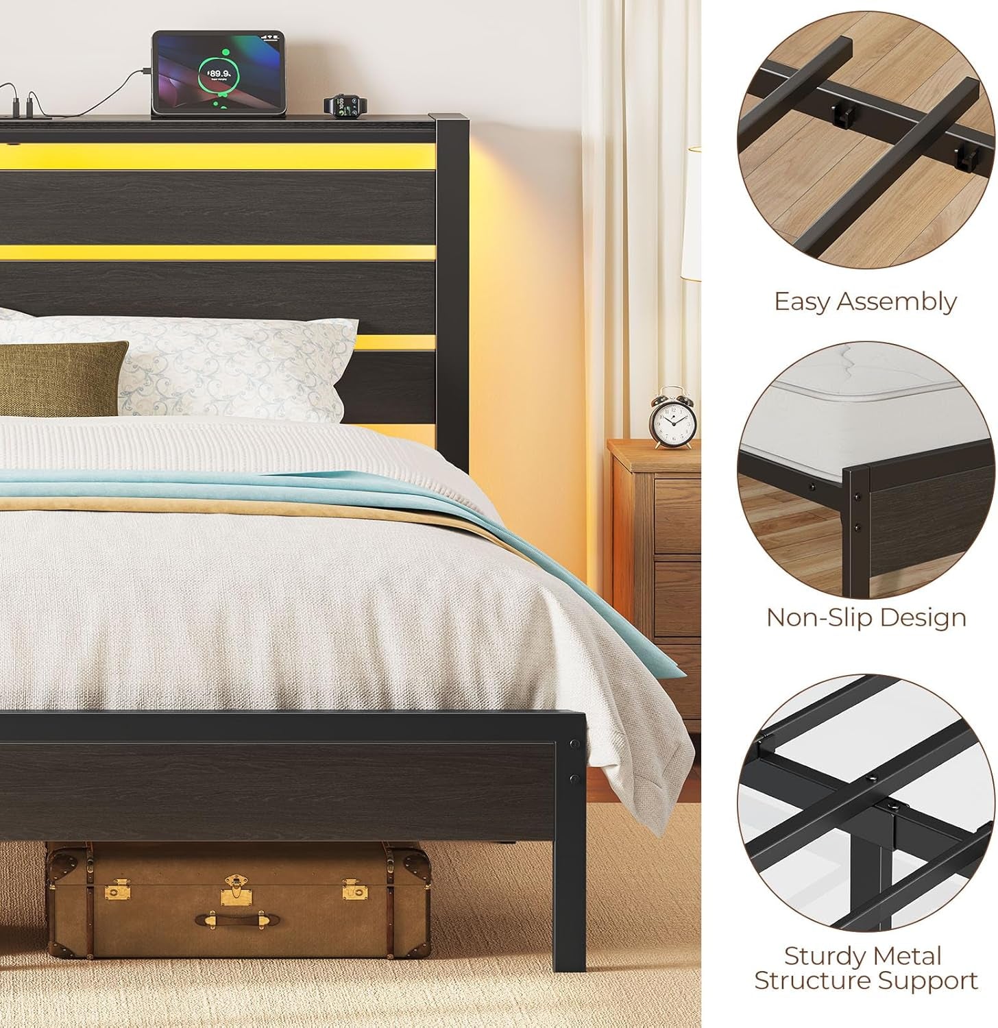 Bed Frame Twin Size with USB Charging Station, LED Bed Frame with Wood Storage Headboard, Black Metal Platform Bed with under Bed Storage, No Box Spring Needed, Noise Free