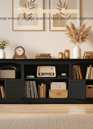 71-Inch Contemporary Farmhouse TV Stand for TVs up to 80 Inches with Arched Cabinet Doors and Adjustable Open Storage Shelves, Media Console Table for Living Room in Black