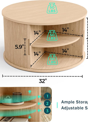 31.5" Round Drum Coffee Table with Sliding Tambour Door, Fluted Accent Design, and Storage in Mid-Century Modern Style, Oak Finish for Living Room