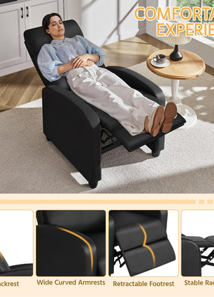 Premium PU Leather Recliner Chair with Lumbar Support, Overstuffed High-Density Foam & Pocket Springs - Push Back Recliner Armchair for Home Theater and Living Room