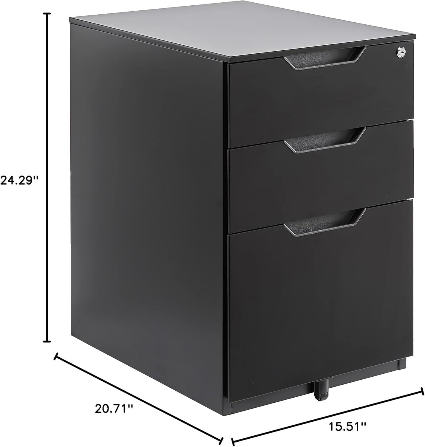 Mobile File Cabinet, Black, 20.71" D X 15.51" W X 24.29" H | with Lock, 3 Drawer