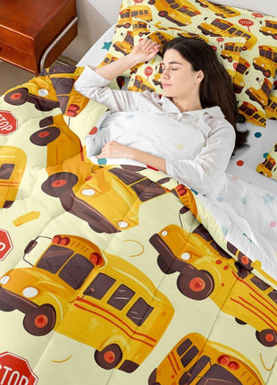 School Bus Twin 7-Piece Bedding Set for Children, Cartoon Vehicle Bed in a Bag for Boys and Girls, School-Themed Comforter Set with Sheets, Yellow Transportation Bed Set