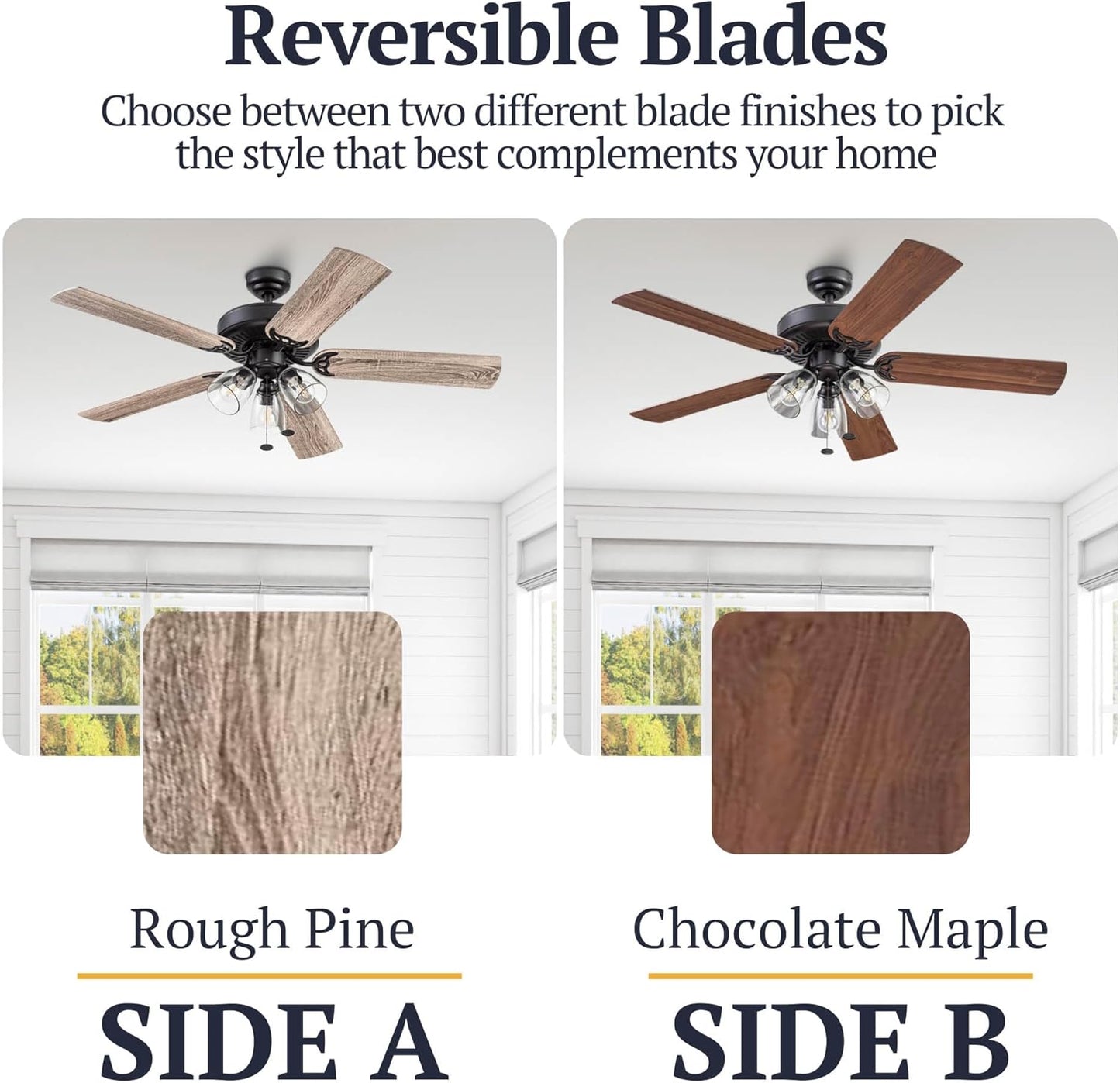 Saybrook, 52 Inch Indoor Farmhouse LED Ceiling Fan with Light, Pull Chain, Three Mounting Options, Dual Finish Blades, Reversible Motor - 51593-01 (Bronze)