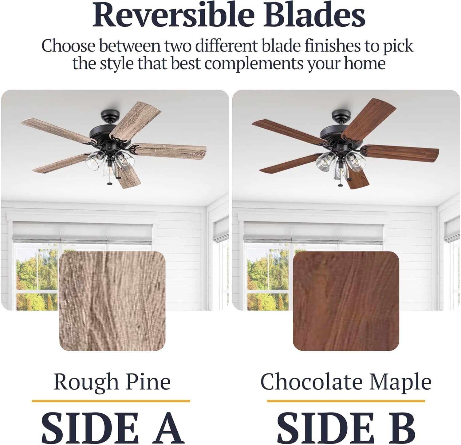 Saybrook, 52 Inch Indoor Farmhouse LED Ceiling Fan with Light, Pull Chain, Three Mounting Options, Dual Finish Blades, Reversible Motor - 51593-01 (Bronze)