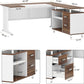 63 Inch Executive Desk with File Cabinet, L Shaped Office Desk with Drawers and Storage Shelves, Business Furniture Set Workstation for Home Office, White and Walnut