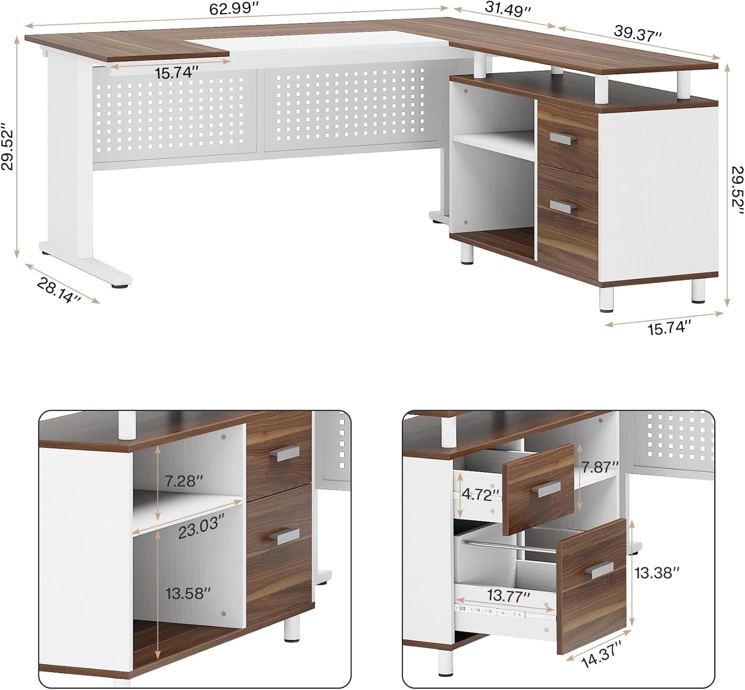 63 Inch Executive Desk with File Cabinet, L Shaped Office Desk with Drawers and Storage Shelves, Business Furniture Set Workstation for Home Office, White and Walnut