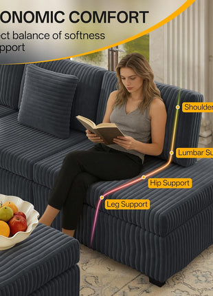 Spacious 110" L-Shaped Plush Corduroy Modular Sectional Sofa with Pull-Out Bed, 6-Seater Sleeper Couch, Ottoman, USB Ports, and Cup Holders - Effortless Assembly, Ideal for Living Room, Gray