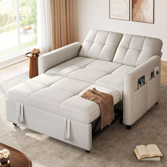 55" Convertible Sofa Bed, 3-In-1 Sleeper Sofa with Pull-Out Bed, Linen Futon Couch with Adjustable Backrest and Side Pocket, Modern Loveseat for Living Room Apartment, Light Beige