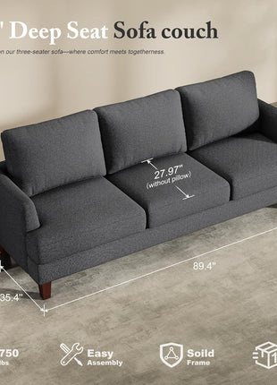89" Mid Century Modern 3-Seater Upholstered Sofa with Deep Seats and Armrests in Dark Grey for Living Room, Bedroom, Apartment, and Office