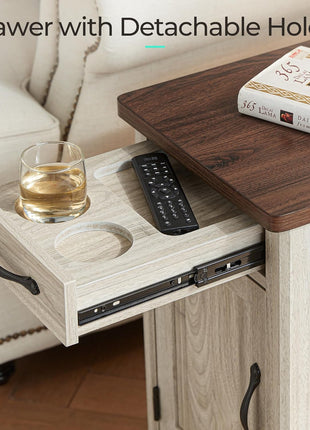 Farmhouse End Table with Built-in Charging Station, Compact Side Table for Living Room, Sofa Companion with Drawer and Storage Cabinet, Versatile Nightstand for Home Office