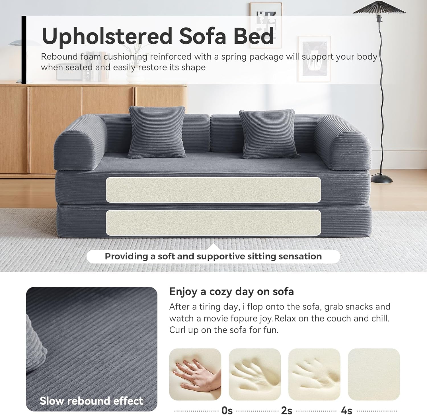 Sofa Bed, Corduroy Sleeper Sofa Bed with Fixed Frame, Floor Sofa Lounge with Pillow, Convertible Folding Mattress Couch for Living Room, Bedroom, Lounge, Studio (Dark Grey)