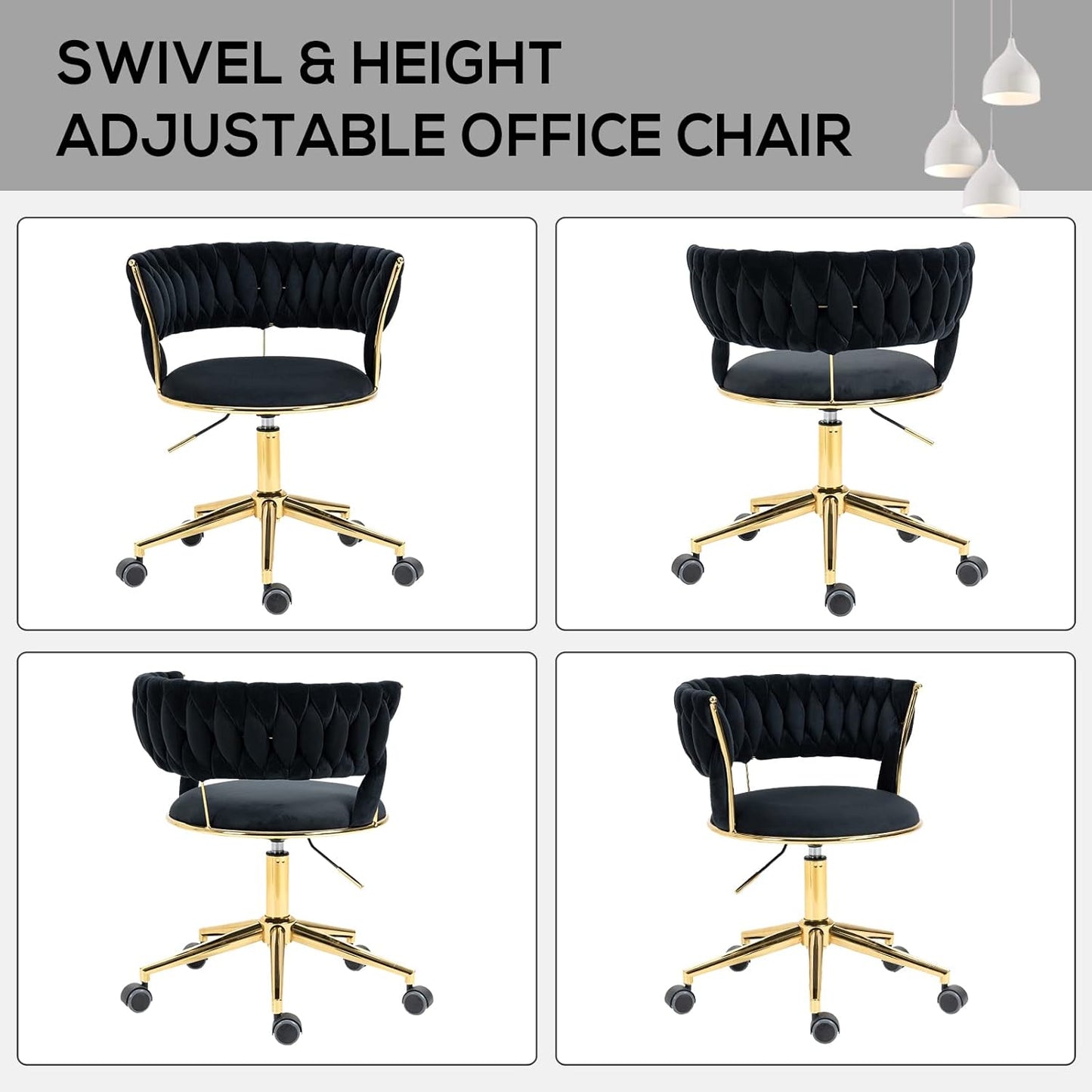 Velvet Office Desk Chair with Hand Woven Backrest, 360° Swivel & Height Adjustable Task Chairs, Makeup Chair, Living Room Chairs with Stainless Base and 5 Wheels (Black)