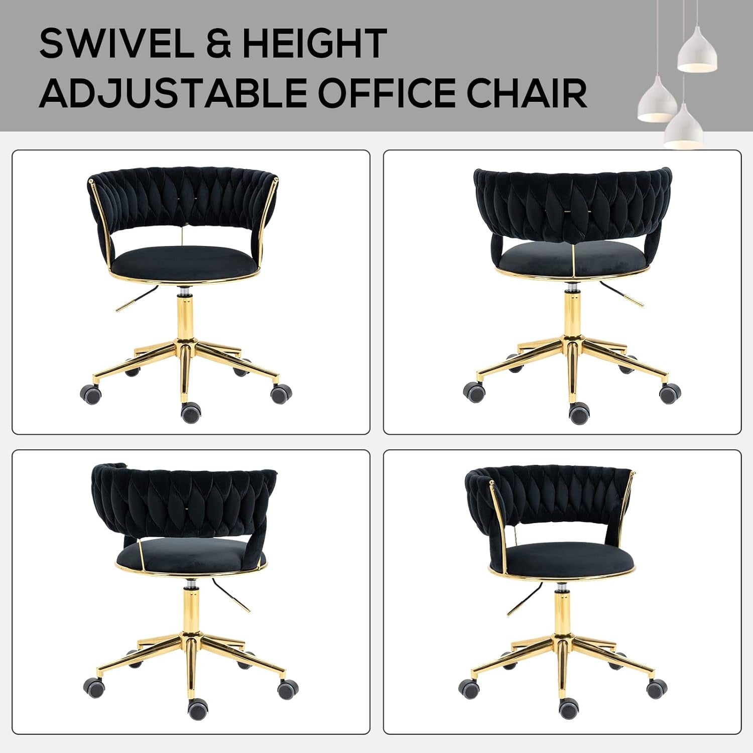 Velvet Office Desk Chair with Hand Woven Backrest, 360° Swivel & Height Adjustable Task Chairs, Makeup Chair, Living Room Chairs with Stainless Base and 5 Wheels (Black)