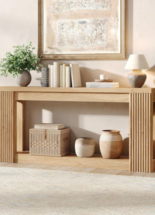 71-Inch Fluted Wooden Console Table with Dual Storage - Rectangular Entryway Table for Living Room, Hallway, and Entrance in Natural Finish