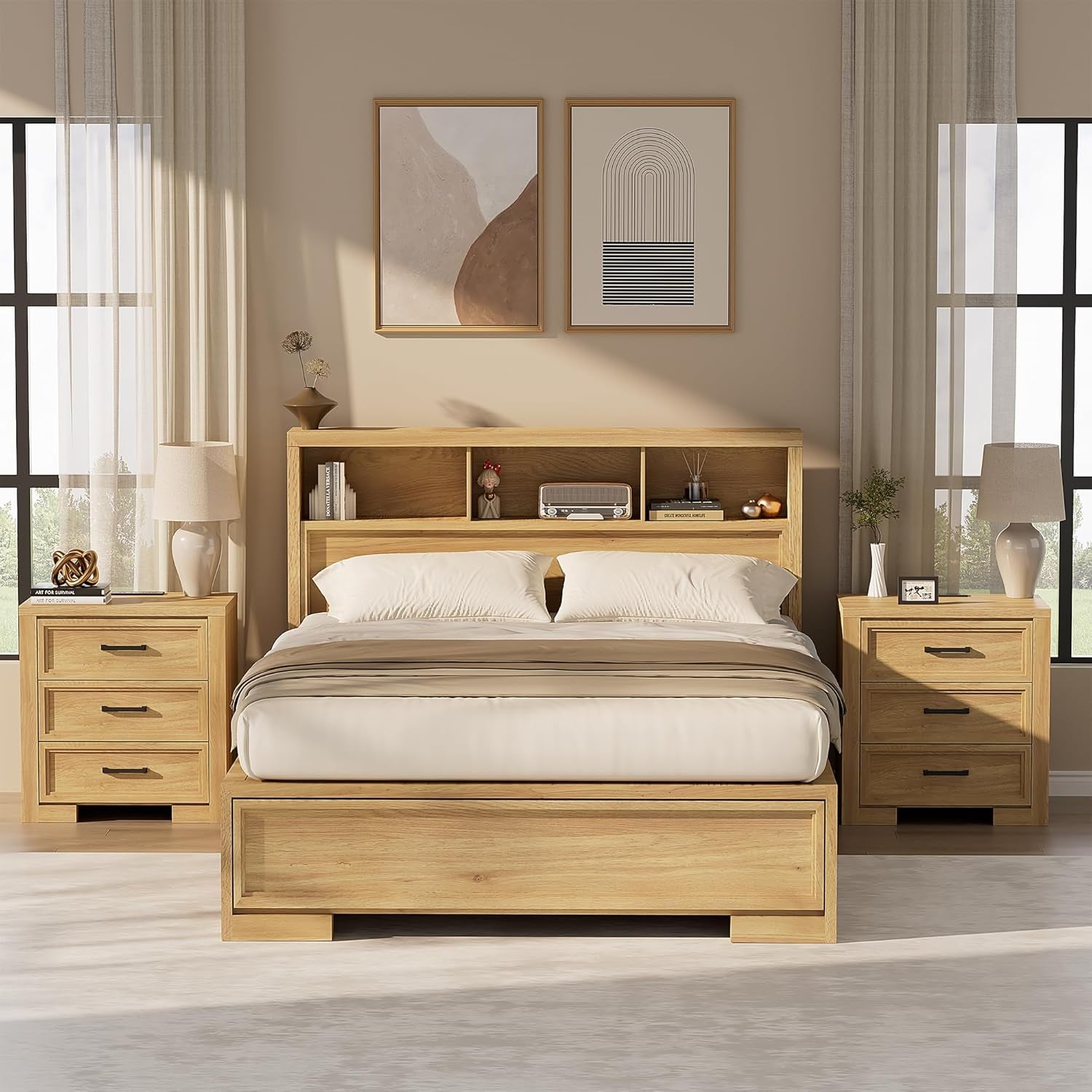 24" Wide Nightstand Set of 2, Night Stand with Charger Station, Bedside Table with 3 Drawers, Sofa Side Table for Bedroom, Living Room, Entryway, Natural Oak