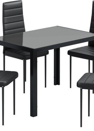 5-Piece Dining Table Set for Four with Tempered Glass Top and Upholstered PU Chairs, Space-Saving Metal Frame Design for Home and Kitchen in Black