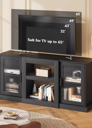 58-Inch Farmhouse TV Stand for 65-Inch Televisions, Entertainment Center with Storage Cabinets and Open Shelves, Black Finish for Living Room and Bedroom