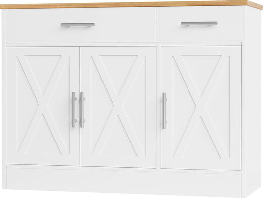 Modern Farmhouse Sideboard Buffet Cabinet with Storage with 3 Doors,42" Barn Doors Buffet Cabinet with Storage, Wood Coffee Bar Cabinets with Adjustable Shelf for Kitchen Living Room,White