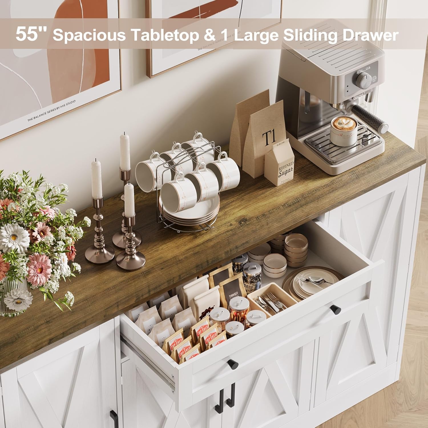 Buffet Cabinet with Storage, 55" Large Sideboard Storage Cabinet with Drawer, 4 Doors and Shelves, Modern Farmhouse Coffee Bar Table Kitchen Island Credenza for Kitchen, Entryway, Dining, Living Room