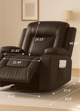 Brown PU Leather Swivel Recliner Chair with Cup Holders and Side Pockets for Living Room or Bedroom