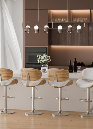Set of 3 Adjustable Swivel Leather Bar Stools for Kitchen Island - Mid-Century Modern Counter Height Chairs with Backrest and Footrest in Cream White